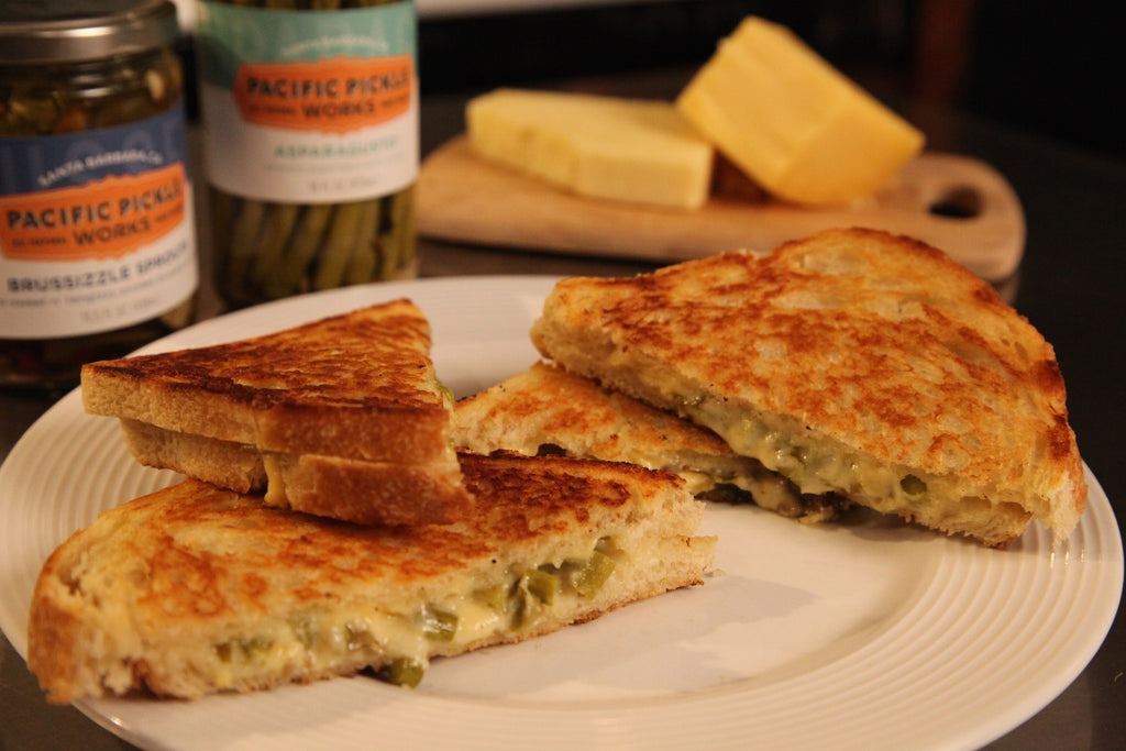 More Gouda Pickle Grilled Cheese Sandwich featuring Pacific Pickle Works' Asparagusto and Brussizzle Sprouts