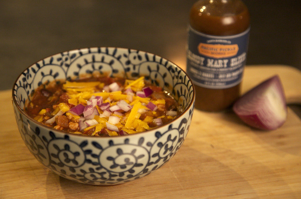 Homemade chili recipe featuring Pacific Pickle Works Bloody Mary Elixir