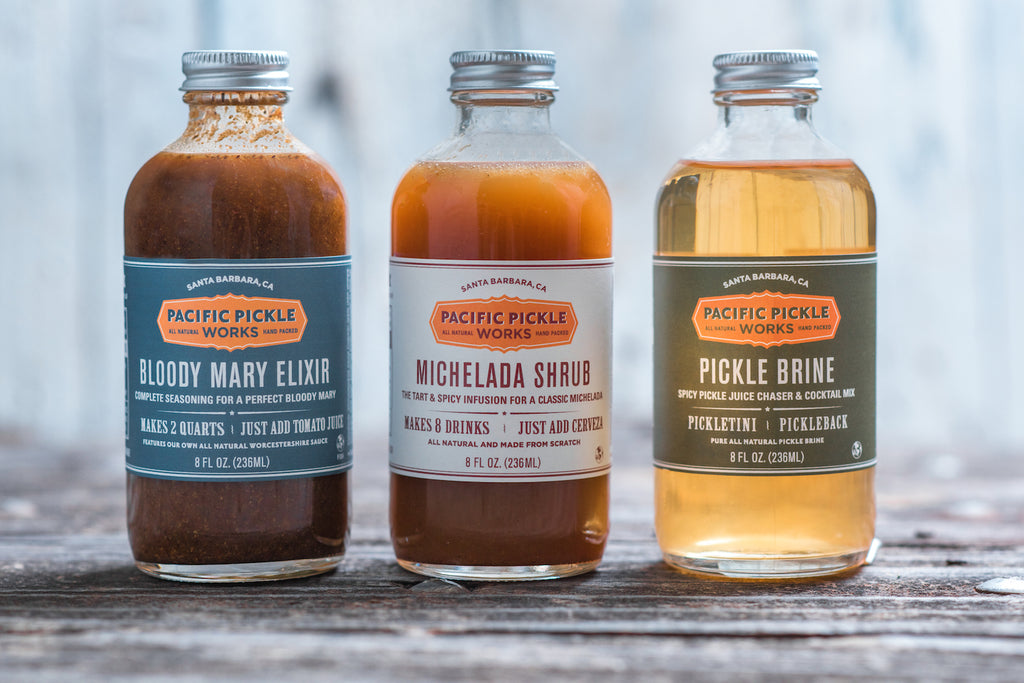Mixed Case of Savory Cocktail Mixers, 8oz bottles - Bloody Mary Elixir, Michelada Shrub and Pickle Brine