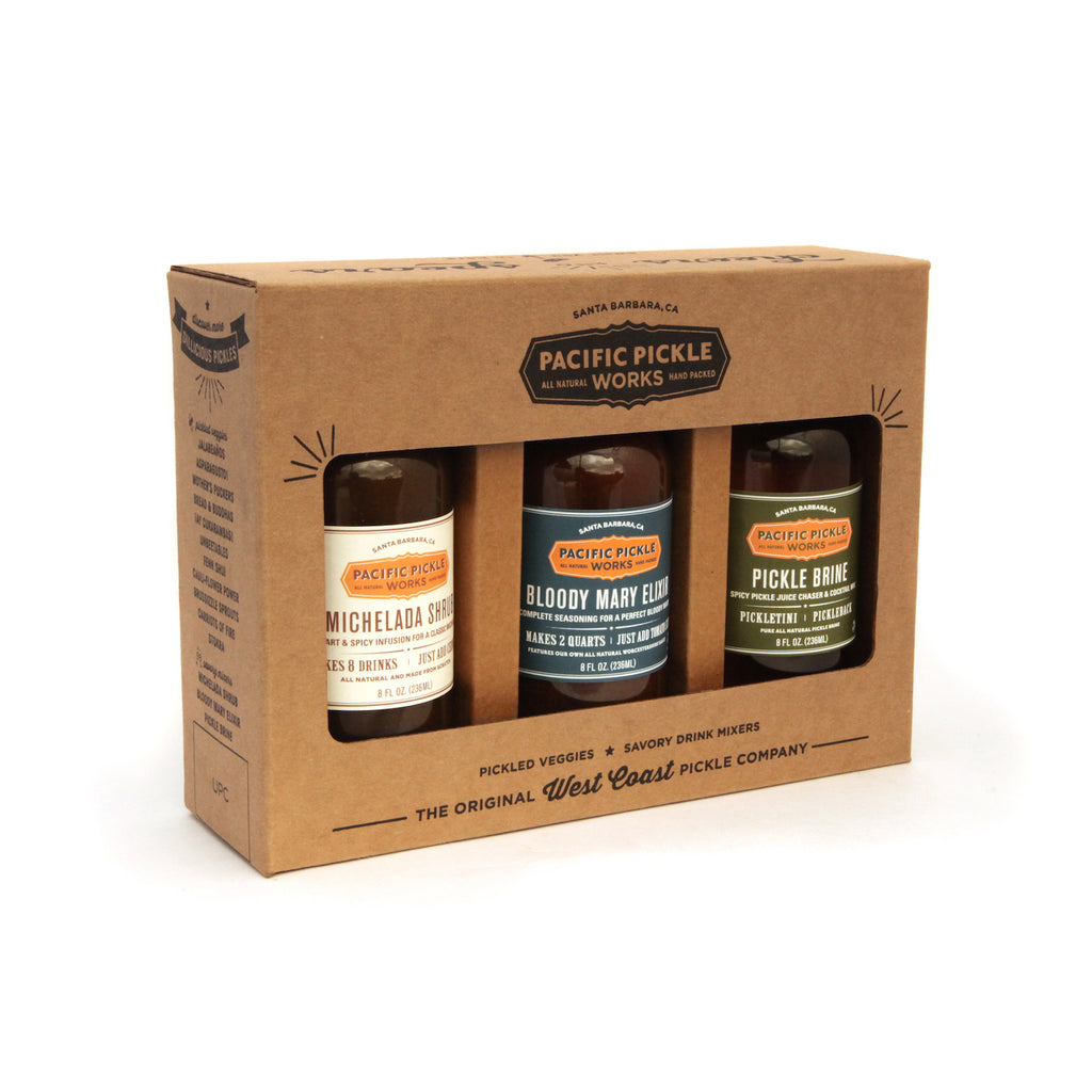 West Coast Cocktail Mixers Gift Set - 3-pack of 8oz bottles of Bloody Mary Elixir, Michelada Shrub and Pickle Brine.