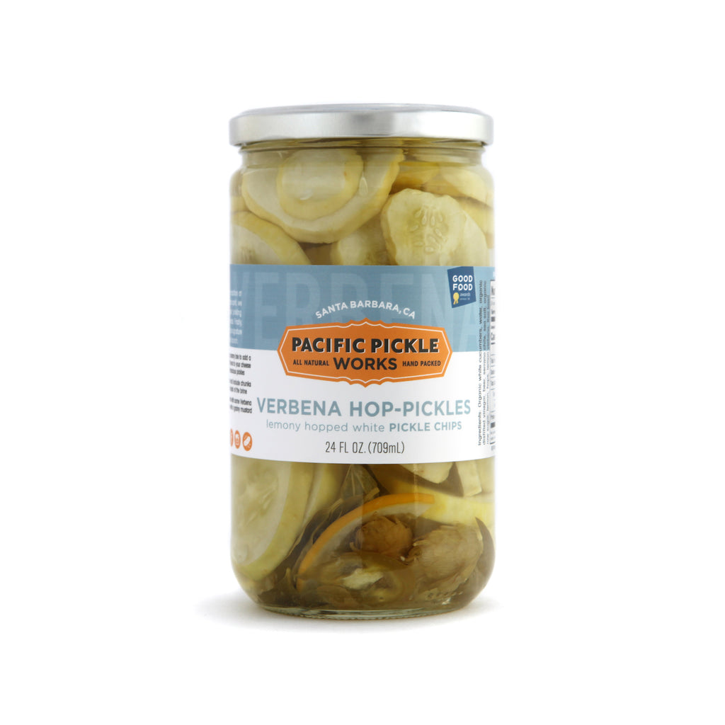 Lemon Verbena "Hop-Pickles" 24oz Jar, Verbena and Hop Spiced White Pickle Chips