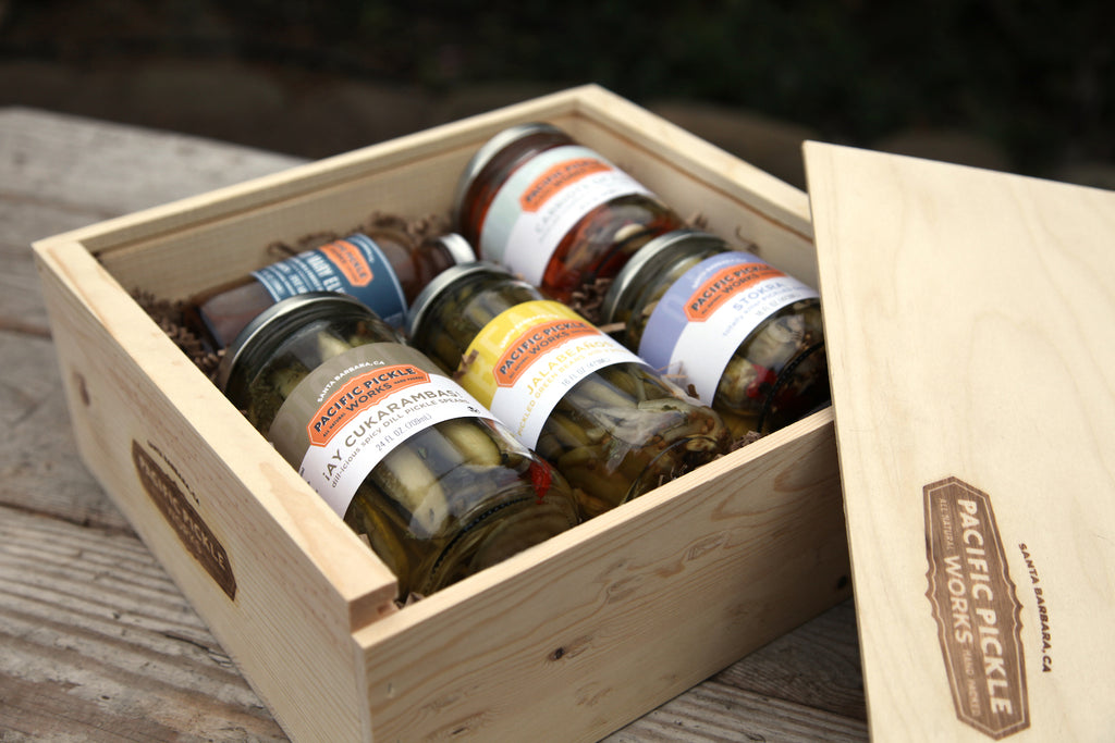 Limited Edition Branded Gift Crate - 5 Jars of Assorted Pickles, Veggies and Drink Mixer in a Wooden Gift Crate